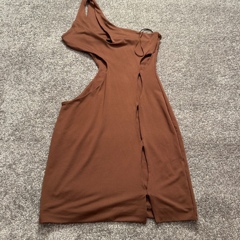 TIC TOC Mini Dress Women Small Brown One Shoulder Cutout Bodycon Clubwear Edgy